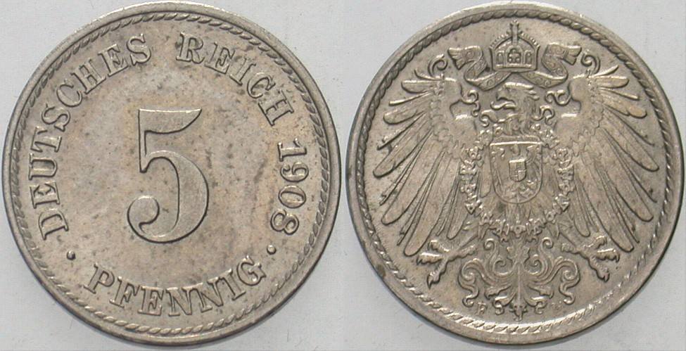 5 Pfennig 1908 J. 12 Patina, vorzüglich - Stempelglanz