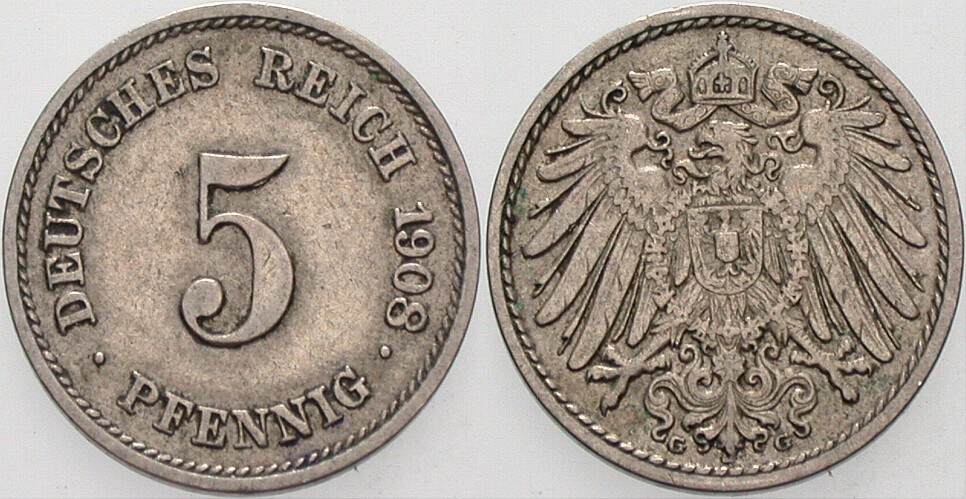 5 Pfennig 1908 J. 12 sehr schön