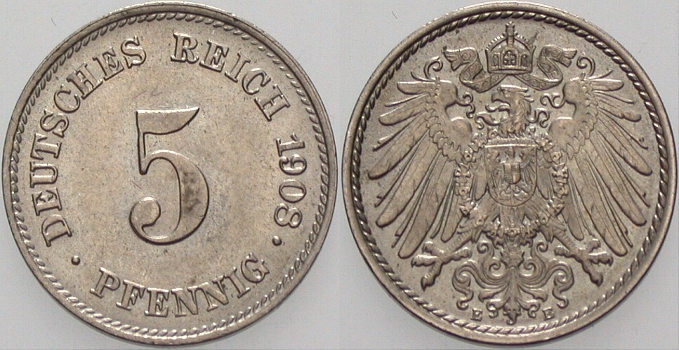 5 Pfennig 1908 J. 12 Stempelglanz