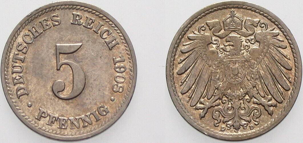 5 Pfennig 1908 J. 12 vorzüglich +