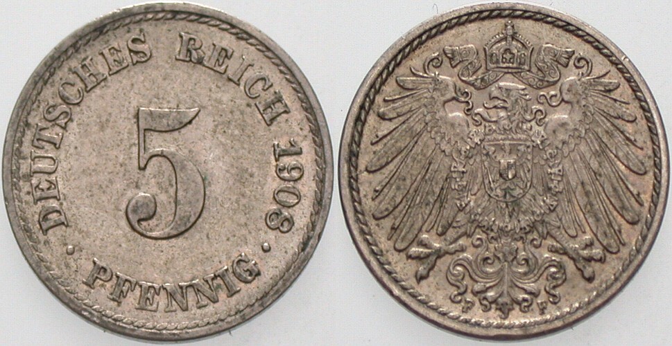 5 Pfennig 1908 J. 12 vorzüglich - Stempelglanz