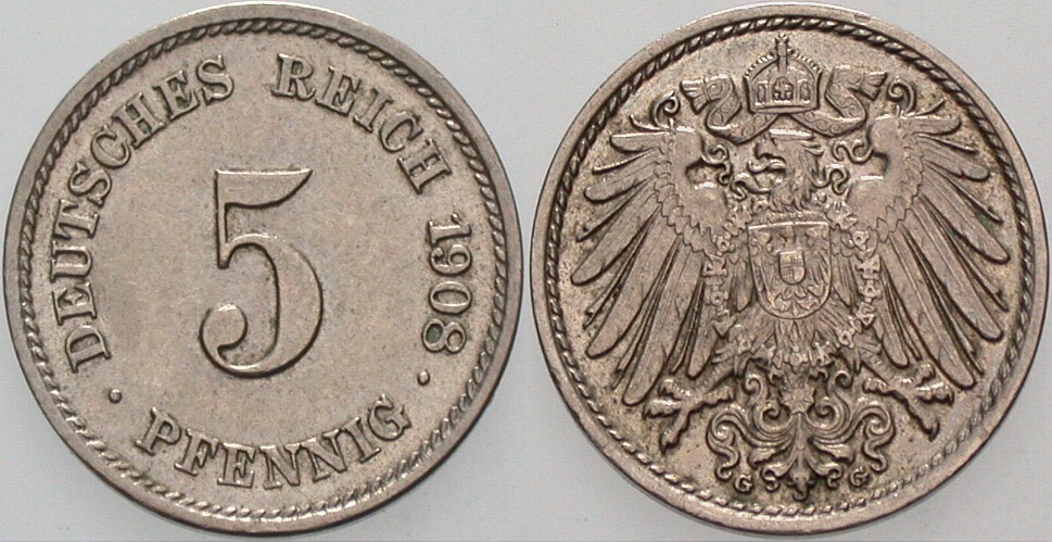 5 Pfennig 1908 J. 12 vorzüglich