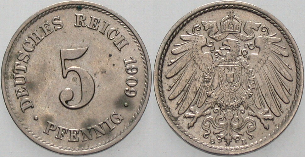 5 Pfennig 1909 J. 12 Vorzüglich - Stempelglanz