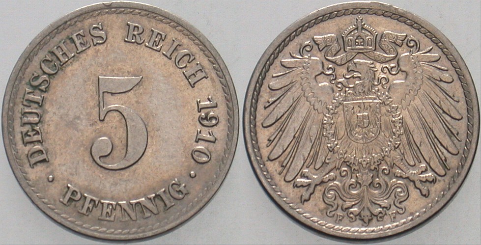 5 Pfennig 1910 J. 12 Patina, vorzüglich - Stempelglanz
