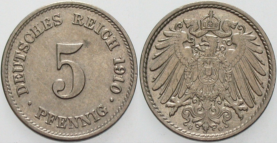 5 Pfennig 1910 J. 12 vorzüglich