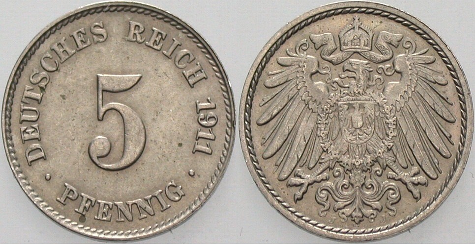 5 Pfennig 1911 J. 12 Vorzüglich - Stempelglanz