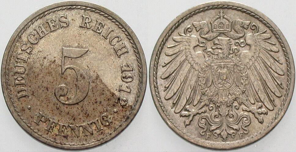 5 Pfennig 1912 J. 12 Patina, vorzüglich