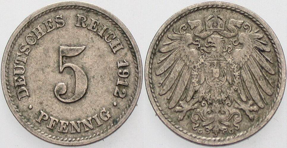 5 Pfennig 1912 J. 12 Sehr schön