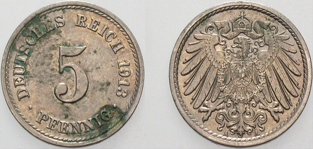 5 Pfennig 1913 J. 12 fast vorzüglich