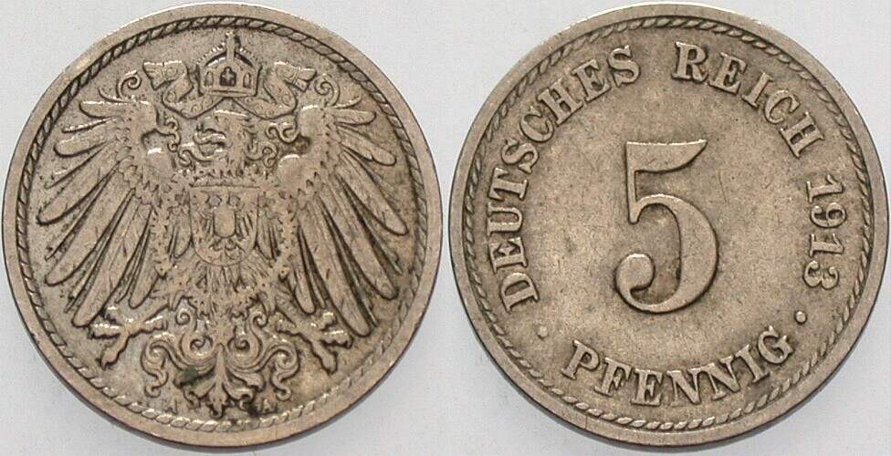 5 Pfennig 1913 J. 12 sehr schön