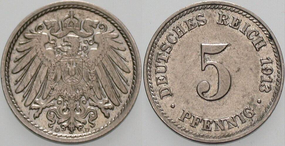 5 Pfennig 1913 J. 12 Vorzüglich - Stempelglanz