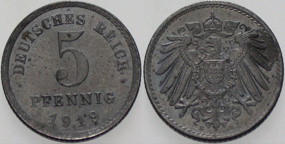 5 Pfennig 1919 J. 297 Patina, vorzüglich - Stempelglanz
