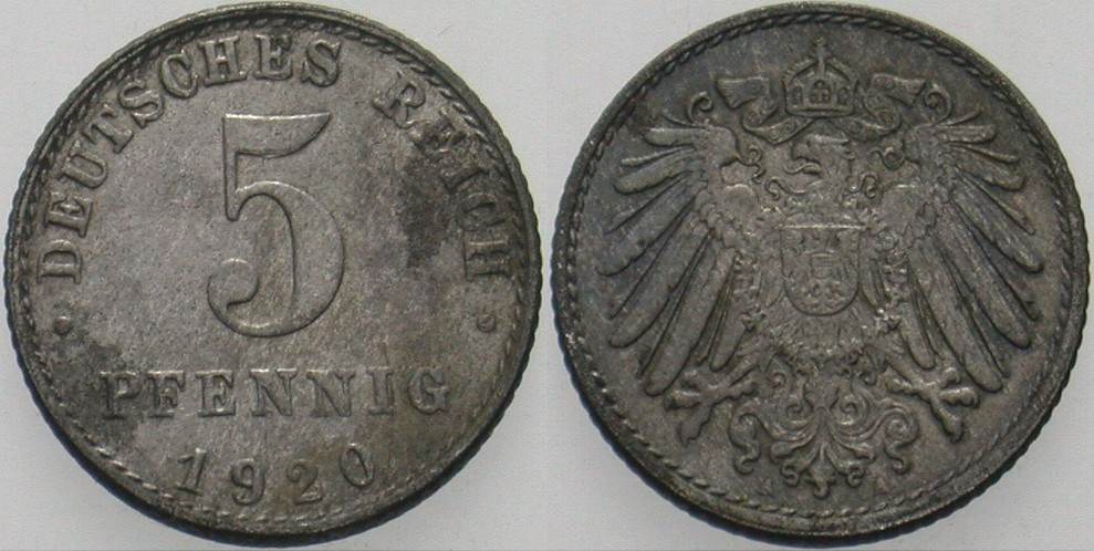 5 Pfennig 1920 J. 297 Sehr schön