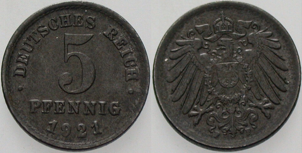 5 Pfennig 1921 J. 297 vorzüglich - Stempelglanz