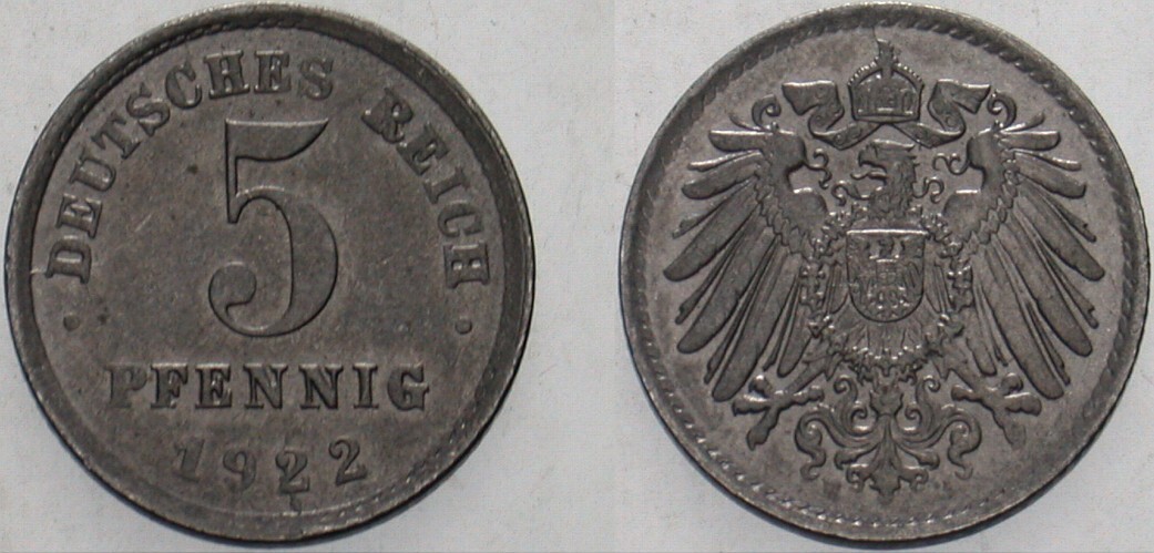 5 Pfennig 1922 J. 297 Fast Stempelglanz