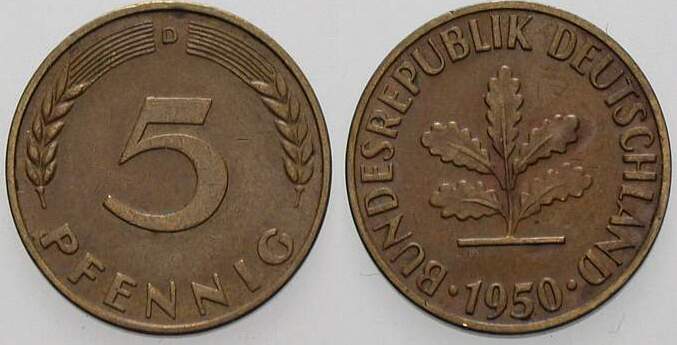 5 Pfennig 1950 J. 382 sehr schön