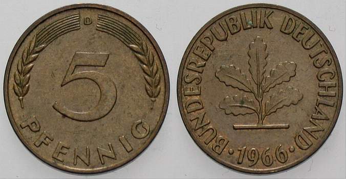 5 Pfennig 1966 J. 382 sehr schön