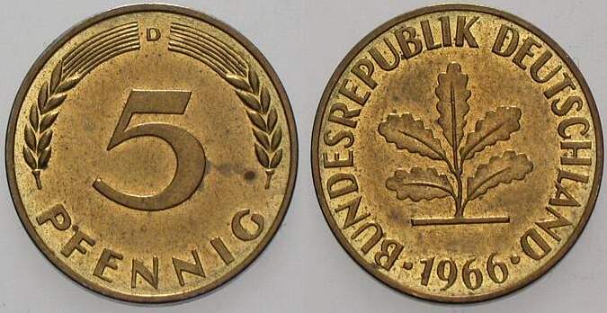 5 Pfennig 1966 J. 382 Vorzüglich - Stempelglanz