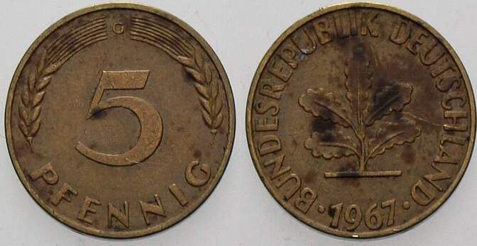 5 Pfennig 1967 J. 382 sehr schön