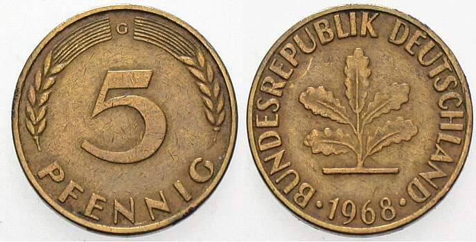 5 Pfennig 1968 J. 382 sehr schön