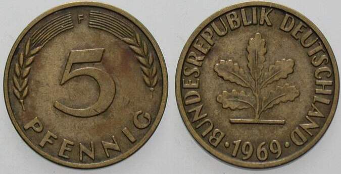 5 Pfennig 1969 J. 382 sehr schön