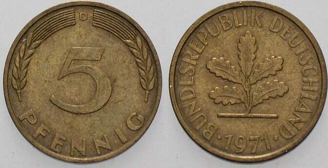 5 Pfennig 1971 J. 382 sehr schön
