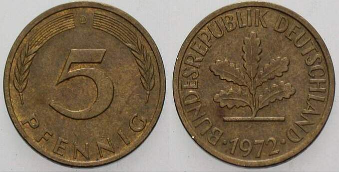 5 Pfennig 1972 J. 382 sehr schön