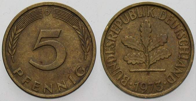 5 Pfennig 1973 J. 382 sehr schön