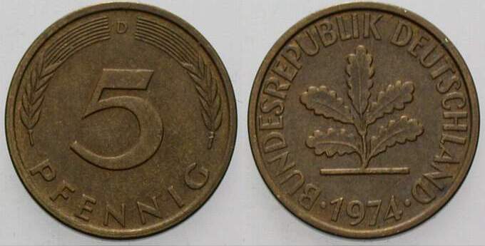5 Pfennig 1974 J. 382 sehr schön