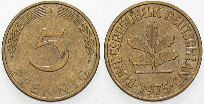 5 Pfennig 1975 J. 382 sehr schön