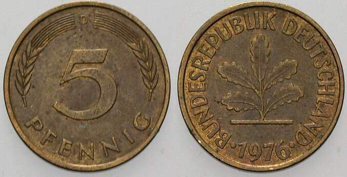 5 Pfennig 1976 J. 382 sehr schön