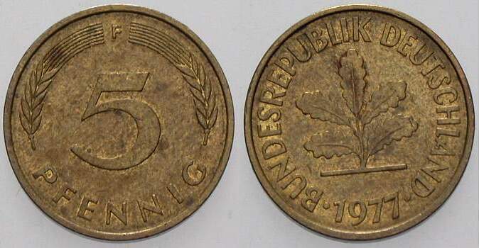 5 Pfennig 1977 J. 382 sehr schön