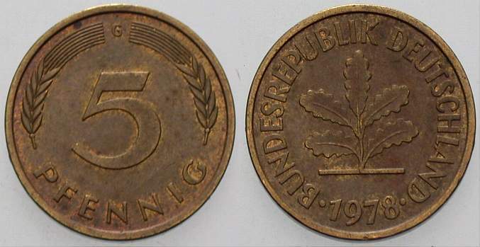 5 Pfennig 1978 J. 382 sehr schön