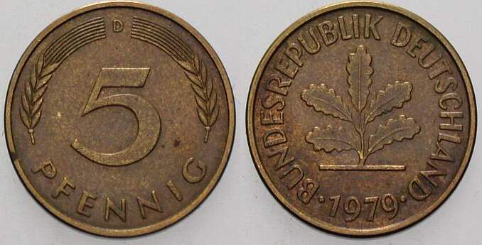 5 Pfennig 1979 J. 382 sehr schön
