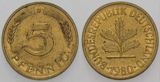 5 Pfennig 1980 J. 382 sehr schön