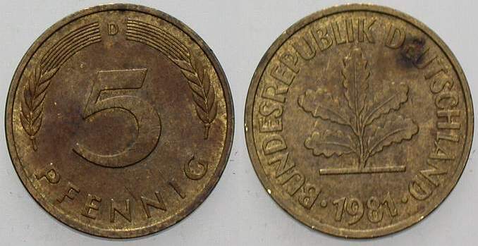 5 Pfennig 1981 J. 382 sehr schön