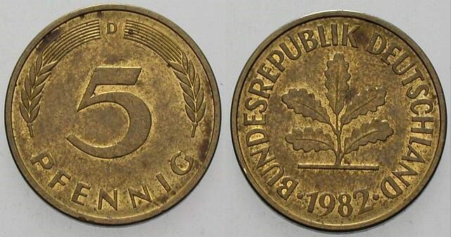 5 Pfennig 1982 J. 382 sehr schön