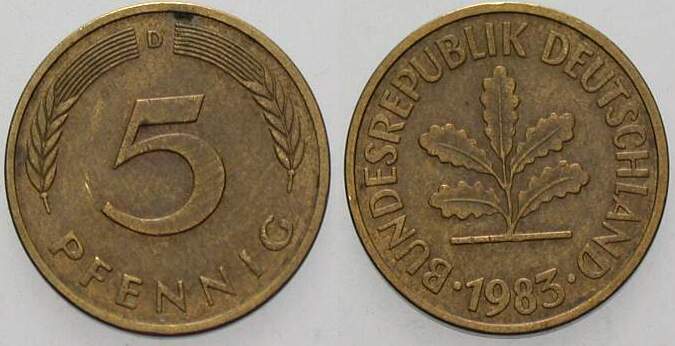 5 Pfennig 1983 J. 382 sehr schön