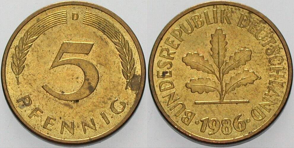 5 Pfennig 1986 J. 382 sehr schön