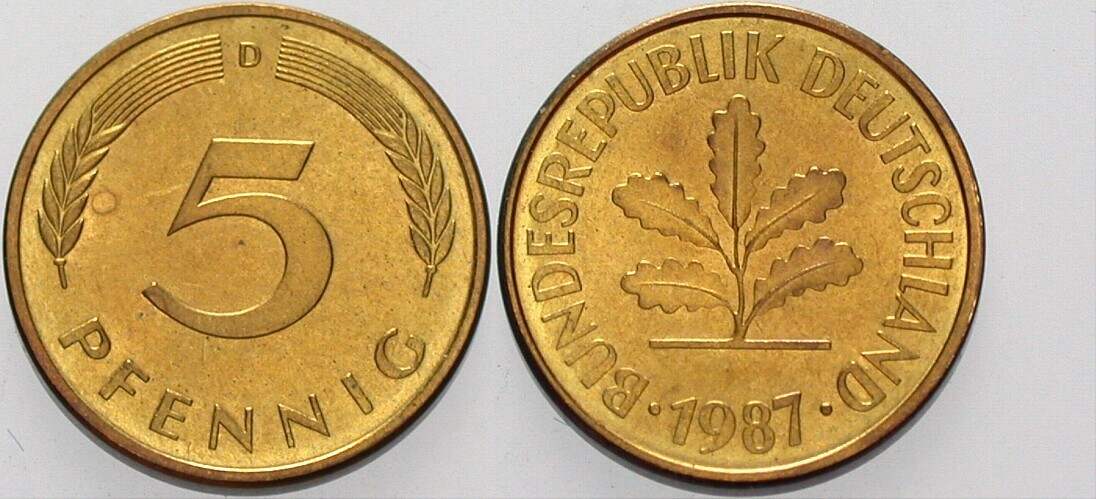 5 Pfennig 1987 J. 382 sehr schön