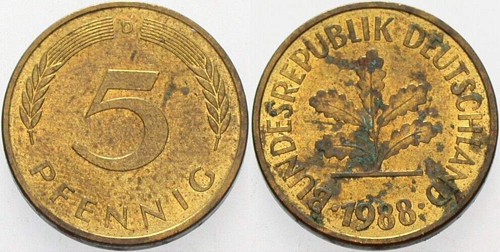 5 Pfennig 1988 J. 382 sehr schön