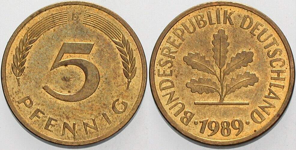 5 Pfennig 1989 J. 382 sehr schön
