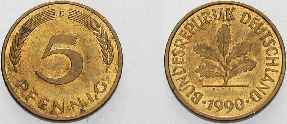 5 Pfennig 1990 J. 382 sehr schön