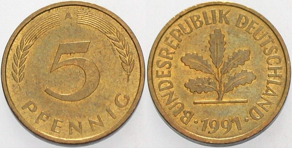 5 Pfennig 1991 J. 382 sehr schön