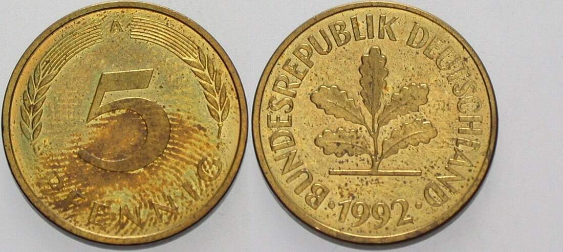 5 Pfennig 1992 J. 382 sehr schön