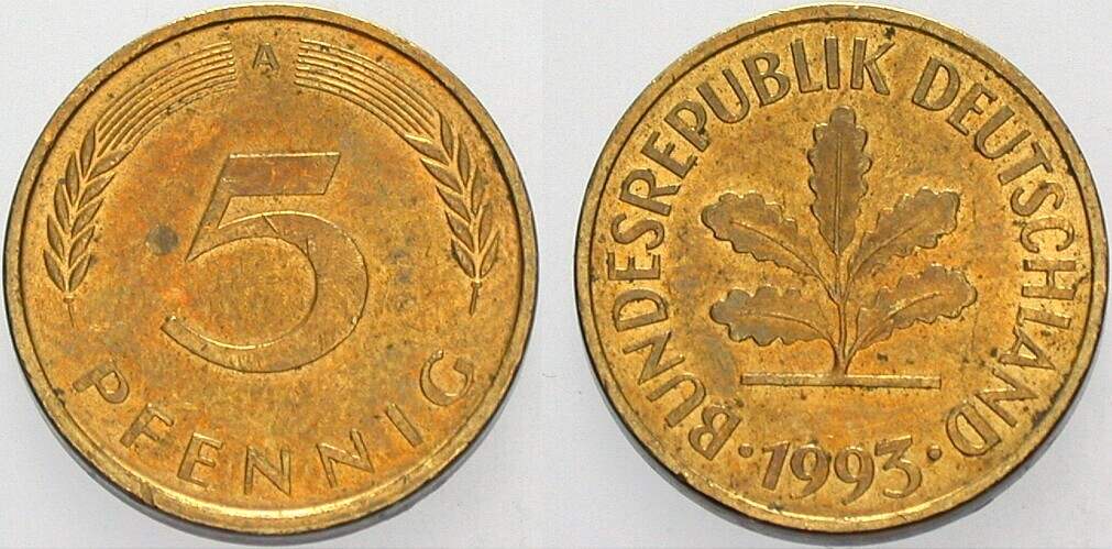 5 Pfennig 1993 J. 382 sehr schön