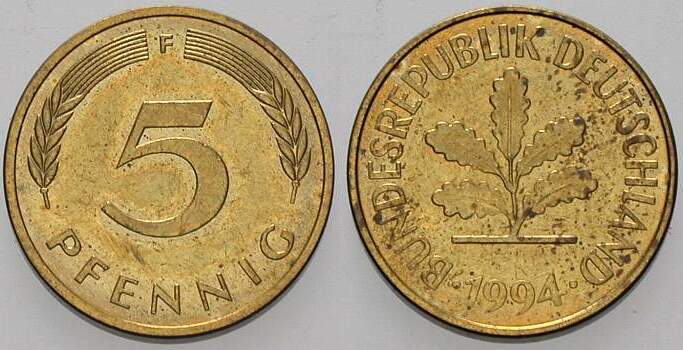 5 Pfennig 1994 J. 382 sehr schön