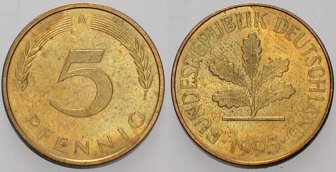 5 Pfennig 1995 J. 382 sehr schön