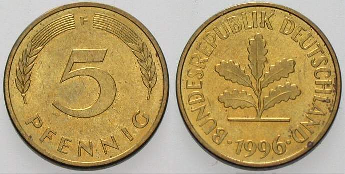 5 Pfennig 1996 J. 382 sehr schön