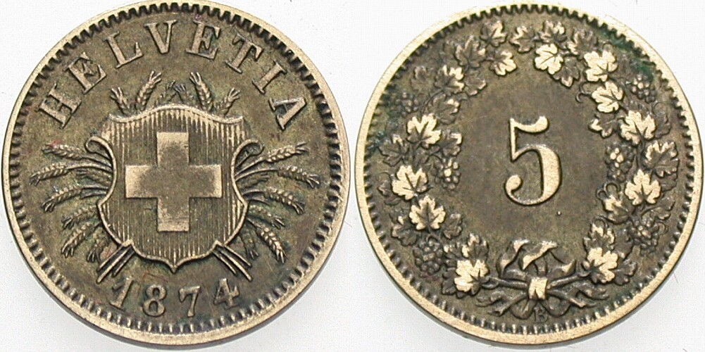 5 Rappen 1874 Divo/Tobler 318 Sehr schön